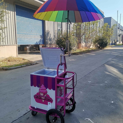 Mobile Ice Cream Selling Push Cart With Freezer Umbrella Vendor